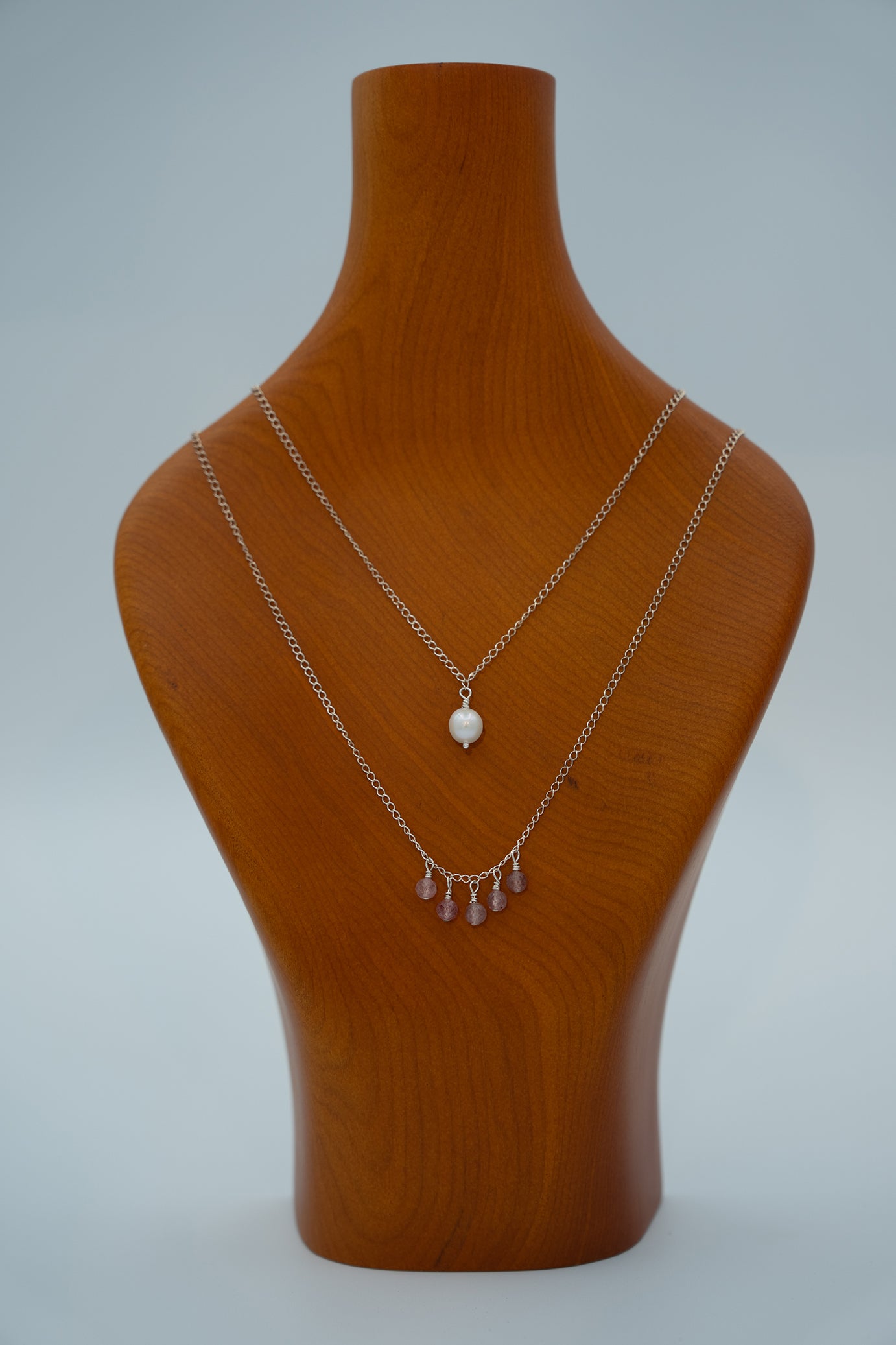 Double chain pearl and strawberry quartz necklace